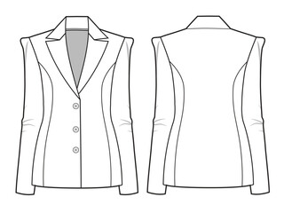 Ladies shoulder pad blazer front and back view flat drawing vector design mockup template. © Apparel Design