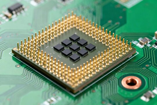 CPU Processor on Green Circuit Board Close-Up