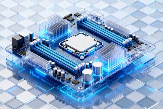 3D Rendered Motherboard with Blue Glow and Transparent Background
