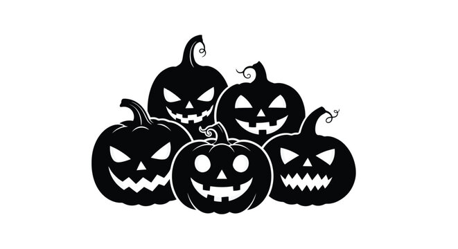 Group of spooky carved pumpkins with sinister faces for Halloween celebration.