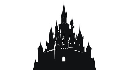 Silhouette of a majestic fairytale castle with multiple towers and spires. © dori