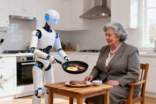 Senior woman with humanoid robot serving breakfast in kitchen