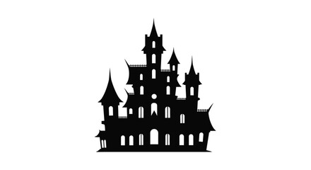 Silhouette of a large gothic haunted castle with multiple towers and pointed roofs. © dori