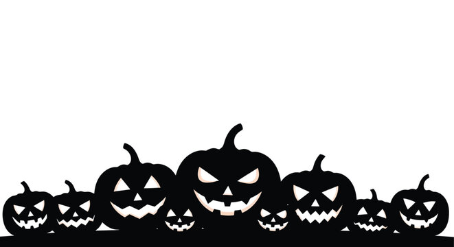 Row of spooky carved pumpkins with various faces for Halloween celebration.