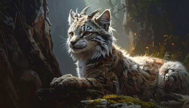 A majestic feline with horn-like features rests regally in a misty woodland setting. The sunlight caresses its fur, casting long shadows