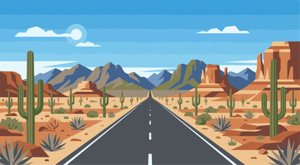 Fototapeta premium A serene desert landscape with a long road stretching through mountains and cacti under a sunny sky