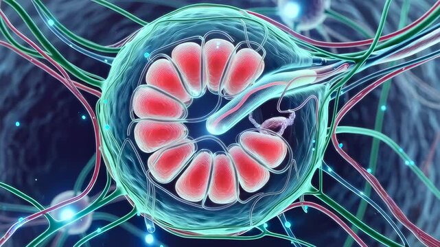 Closeup neuron synapse reveals spiral vesicles and glowing axon connecting to networked dendrites in bluegreen microscopic environment with electric sparks and fluid matrix
