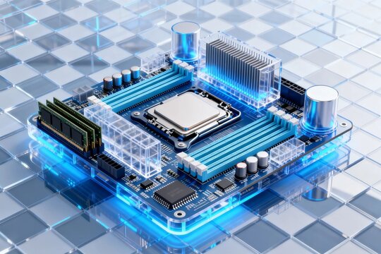 3D Rendered Motherboard with Blue Glow and Transparent Background