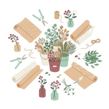 Florist workshop tools and botanical elements collection with flowers and wrapping paper.