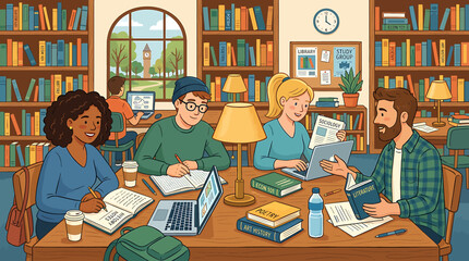 Diverse group of students studying together in a cozy library with bookshelves and laptops 1. © Tini