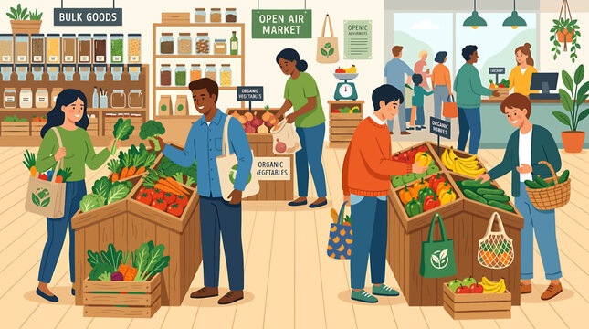 Diverse people shopping for fresh organic vegetables and local produce in a modern zero waste grocery store.