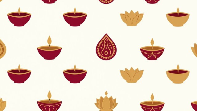 Diwali seamless pattern with diyas, paisley and lotus in gold and red, flat design illustration