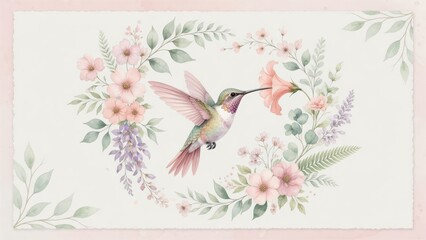 Fototapeta premium A vibrant hummingbird hovers while feeding on nectar from soft pastel flowers surrounded by lush green foliage painted in a delicate watercolor style to celebrate the beauty of wild avian creatur