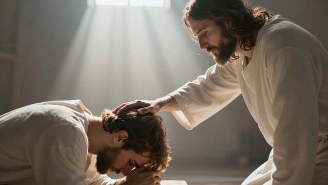 Jesus healing with gentle touch in soft divine light