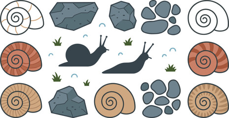 Snail and Spiral Seashell Vector Set with Rocks, Pebbles, and Grass Elements for Aquarium, Nature, Garden, and Educational Wildlife Graphic Illustrations © tanjina