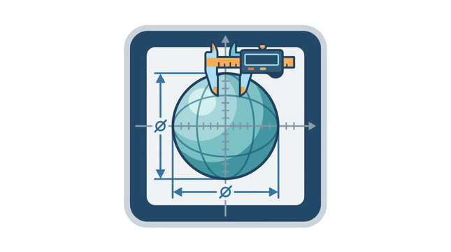 A digital caliper measuring the diameter of a translucent blue globe sphere.