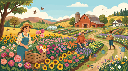 Farmers harvesting colorful flowers on a sunny rural farm with red barn and rolling hills. © Saka
