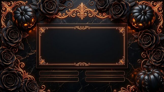 Elegant black marble Halloween gift voucher template with ornate gold floral borders and pumpkin decorations on dark background