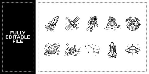Black ink scribble space rocket and astronomy icon set bundle featuring hand drawn doodle sketch vector illustrations for startup science and universe exploration branding design. © AshfakAlam