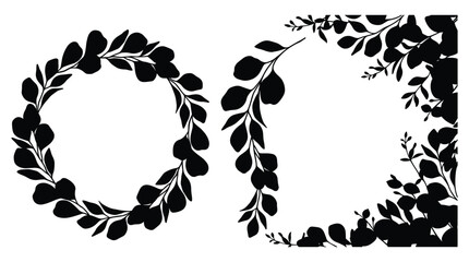 Decorative botanical circular frame and rectangular corner border made of elegant eucalyptus leaves silhouettes on transparent vector background. © MST DESIGN