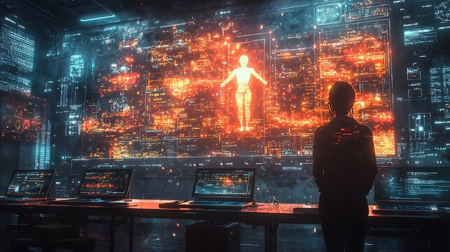 Person looking at a glowing digital human model amidst data streams on a large futuristic screen