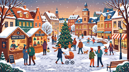 Festive Christmas Market in a Snowy European Town Square with People and Holiday Decorations. © Supra
