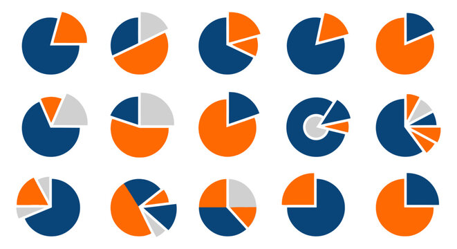 Abstract pie charts collection with varying colors and percentage displays