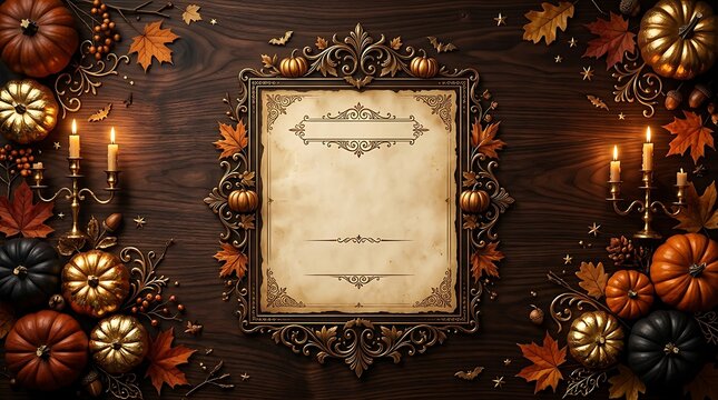 Vintage Halloween menu template with ornate gold frame, autumn leaves, pumpkins, and candles on dark wood background