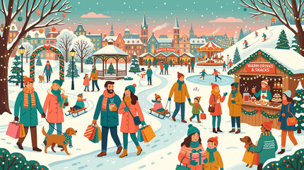 Festive Christmas Market Scene with People Shopping and Enjoying Winter Activities in a Snowy Town Square. © Supra