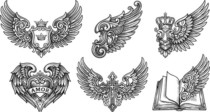 Vintage Winged Emblem Set with Crown Shield, Heart, Cross, and Open Book for Tattoo and Heraldic Logo Designs