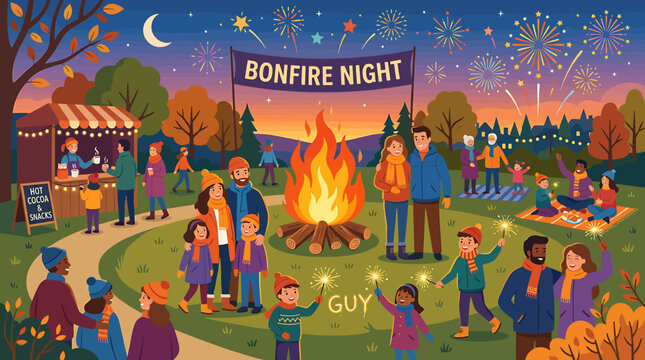 People celebrating bonfire night with fireworks and large fire in park illustration.