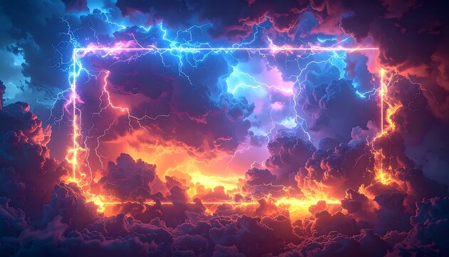 Glowing neon rectangle frame with abstract digital particles and stormy clouds at sunset, science fiction background