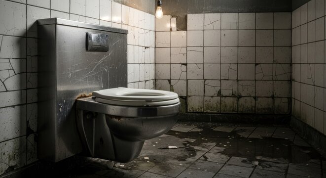 A dirty, grimy bathroom with a toilet against a wall, surrounded by stained and cracked tiles