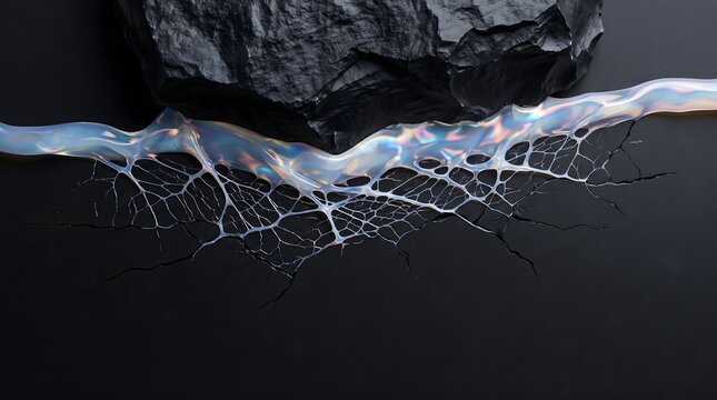 Elite backdrop capturing a horizontal division of raw black obsidian stone and iridescent opal pearl liquid glass with detailed micro-fractal veins and lower copy space