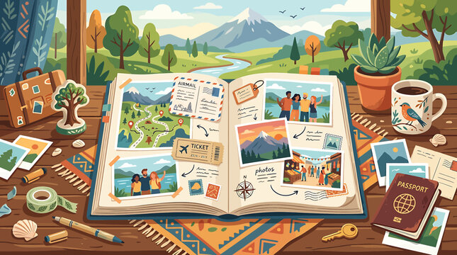 Open travel scrapbook with photos and mementos on a wooden table overlooking a mountain landscape.