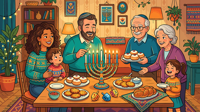 Happy Jewish family celebrating Hanukkah together lighting the menorah candles at home.