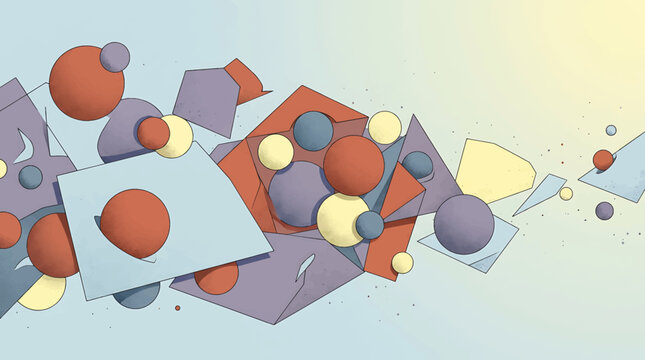 Abstract composition of colorful geometric shapes and spheres in a dynamic 3D arrangement.