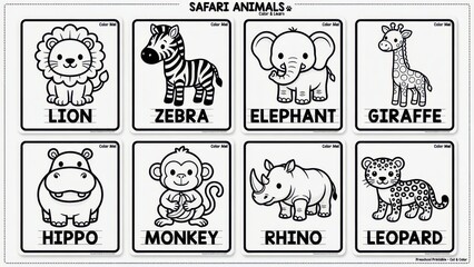 Obraz premium A collection of educational coloring worksheets featuring cute safari creatures for children to practice writing names and learning about wildlife while developing their artistic skills during sc