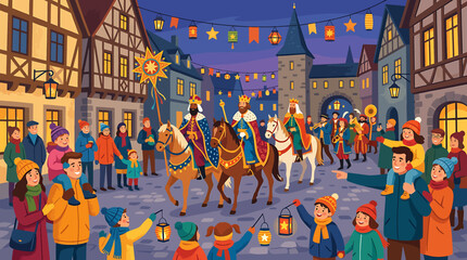 Three Kings Day Epiphany Parade Illustration with Wise Men on Horses in European Town Square. © Tini