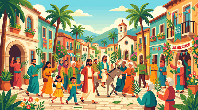 Jesus Christ riding a donkey into Jerusalem during Palm Sunday celebration with cheering crowds and palm branches.