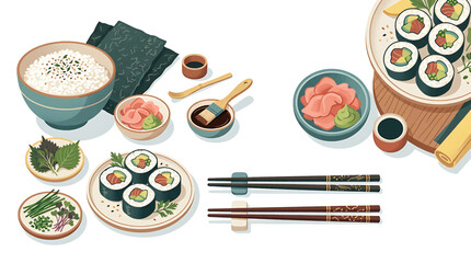 Traditional Japanese Sushi Set with Maki Rolls Rice Ginger Soy Sauce and Chopsticks. © Tini