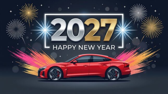 Festive new year celebration with a red sports car and fireworks vector illustration