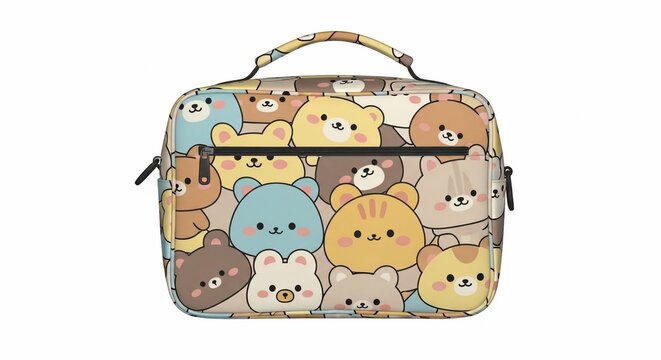 Cute kawaii cartoon bear pattern lunch bag with handle and zipper isolated on white background