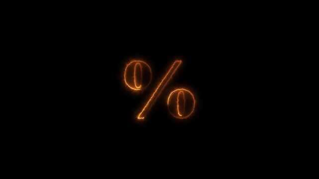 Fiery percent symbol glowing in dark space numeric character animation loop.