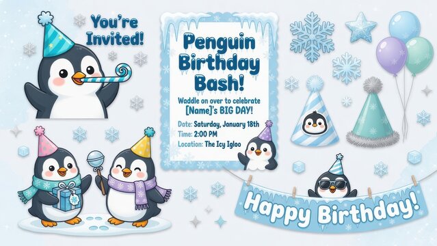 Festive winter penguin birthday party invitation set featuring cute animals wearing colorful hats with snowflakes and decorative balloons for children celebrations in a fun and chilly season them