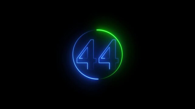 Number forty four neon sign glowing in circle motion graphic background.