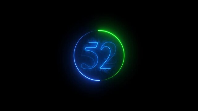 Neon number fifty two timer animation with glowing blue and green light effects.