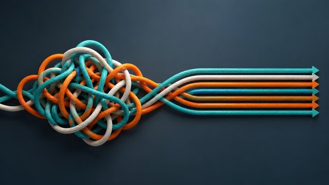 Untangling chaos into strategic order showing colorful knotted ropes transforming into straight aligned arrows.