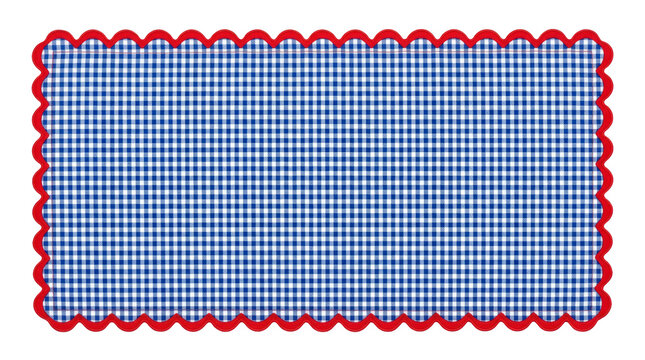 Blue Checkered Pattern with Red Scalloped Border.