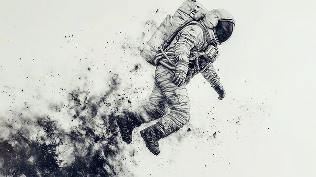 Astronaut floating through space with black smoke and debris. Black and white aesthetic